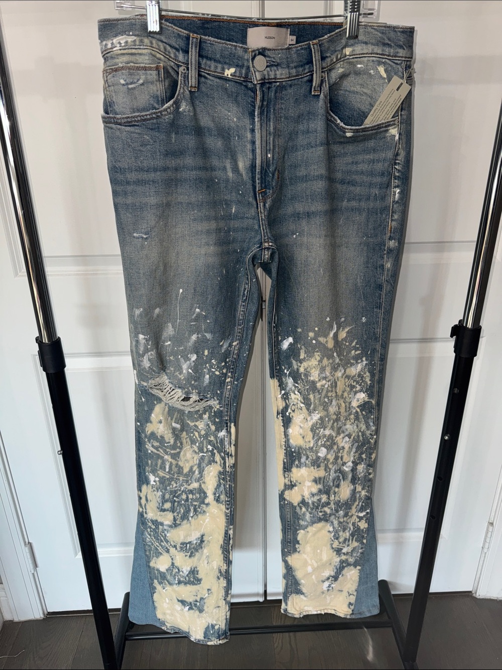 Hudson Men's Straight Jeans with Cream Paint-Splatter - Blue Wash